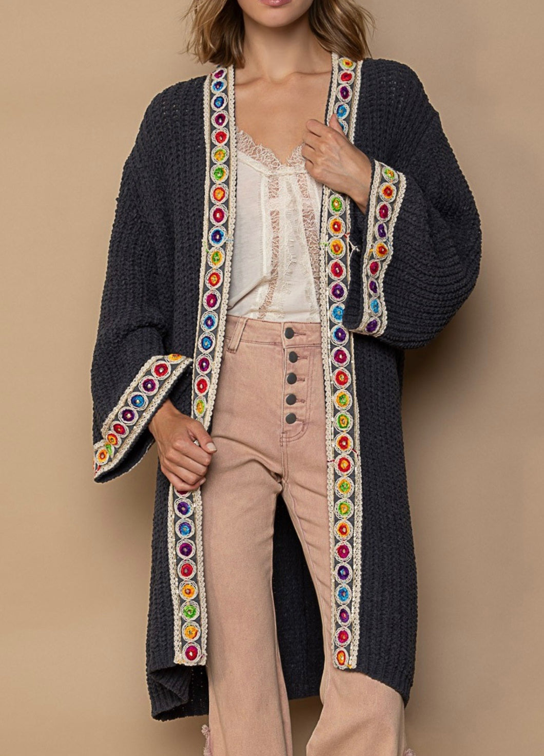 Open Front Multi-Colored Trim Cardigan