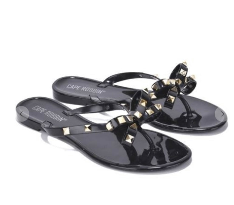 Black Studded Bow Jelly Sandals