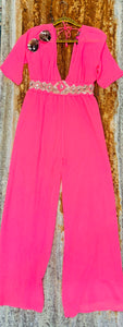 Neon Pink Sheer Jeweled Jumpsuit Cover-Up