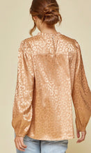Load image into Gallery viewer, Mocha Satin Top w/Leopard imprint small ruffle neck detail
