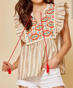 Taupe Embroidered Striped Top
