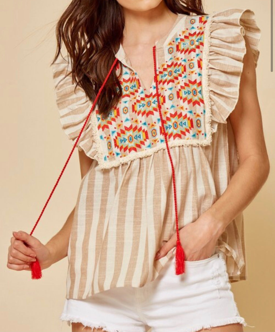 Taupe Embroidered Striped Top