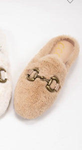 Furry Mule Slides / Taupe