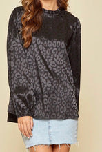 Load image into Gallery viewer, Black Satin Top w/Leopard imprint small ruffle neck detail
